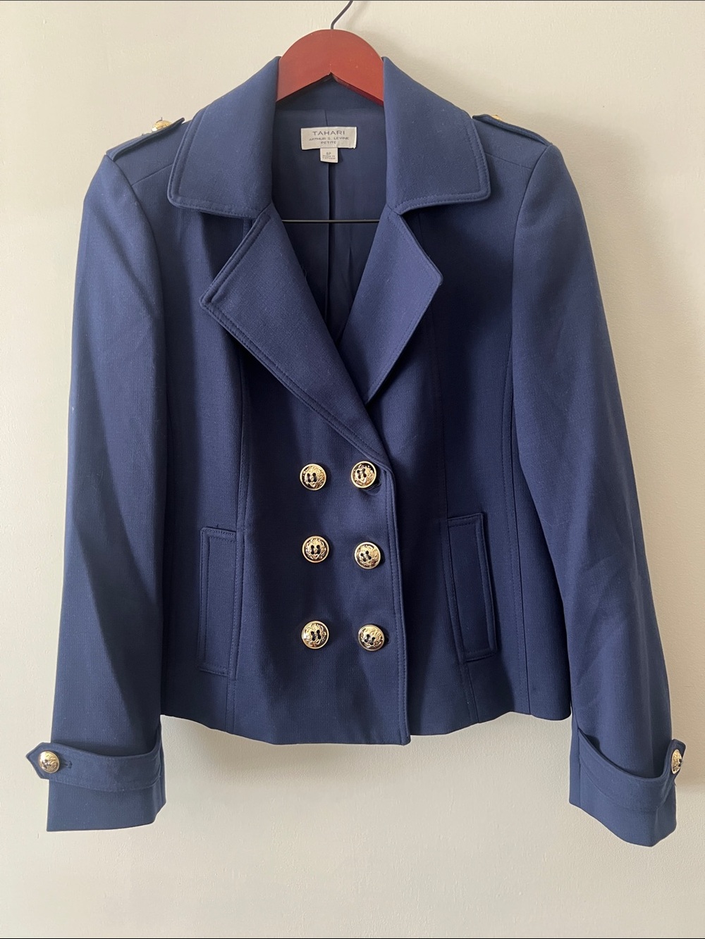 Tahari Navy Double-Breasted Gold-Button Pea Coat